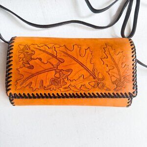 Vintage Leather Hand Tooled Leaf Acorn Print Wallet on A strap Crossbody